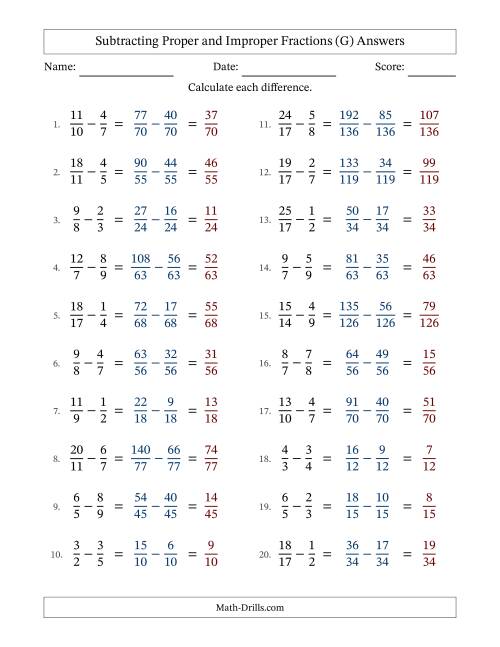 The Subtracting Proper and Improper Fractions with Unlike Denominators, Proper Fractions Results and No Simplifying (Fillable) (G) Math Worksheet Page 2