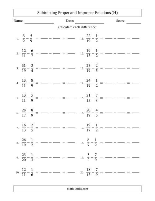 The Subtracting Proper and Improper Fractions with Unlike Denominators, Proper Fractions Results and No Simplifying (Fillable) (H) Math Worksheet