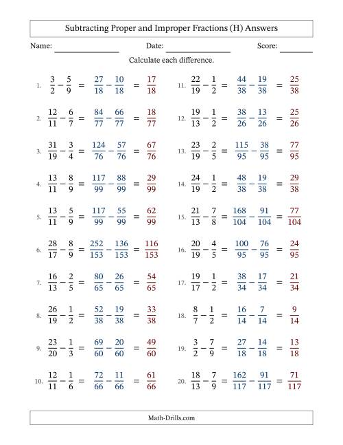 The Subtracting Proper and Improper Fractions with Unlike Denominators, Proper Fractions Results and No Simplifying (Fillable) (H) Math Worksheet Page 2