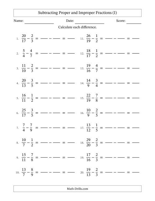 The Subtracting Proper and Improper Fractions with Unlike Denominators, Proper Fractions Results and No Simplifying (Fillable) (I) Math Worksheet