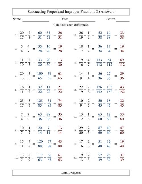The Subtracting Proper and Improper Fractions with Unlike Denominators, Proper Fractions Results and No Simplifying (Fillable) (I) Math Worksheet Page 2