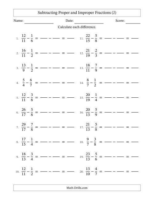 The Subtracting Proper and Improper Fractions with Unlike Denominators, Proper Fractions Results and No Simplifying (Fillable) (J) Math Worksheet