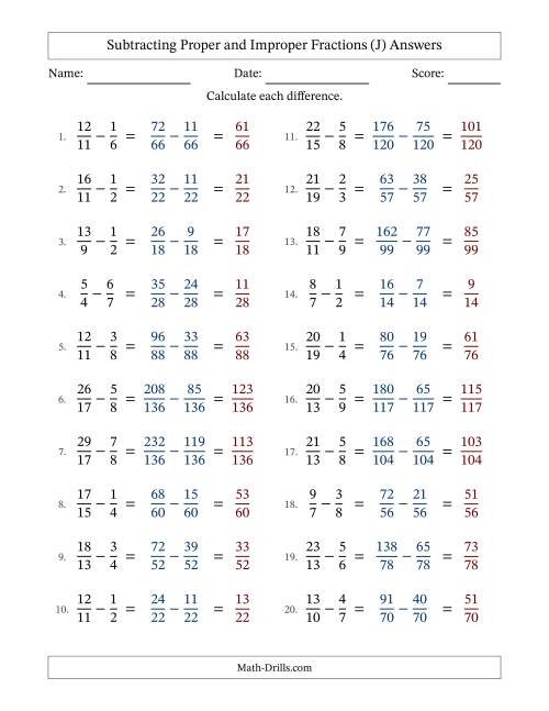 The Subtracting Proper and Improper Fractions with Unlike Denominators, Proper Fractions Results and No Simplifying (Fillable) (J) Math Worksheet Page 2