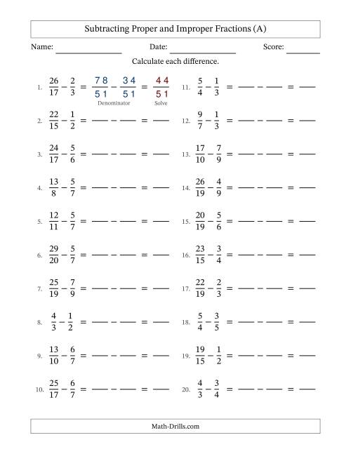 The Subtracting Proper and Improper Fractions with Unlike Denominators, Proper Fractions Results and No Simplifying (Fillable) (All) Math Worksheet