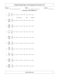 Subtracting Proper and Improper Fractions with Unlike Denominators, Proper Fractions Results and All Simplifying (Fillable)