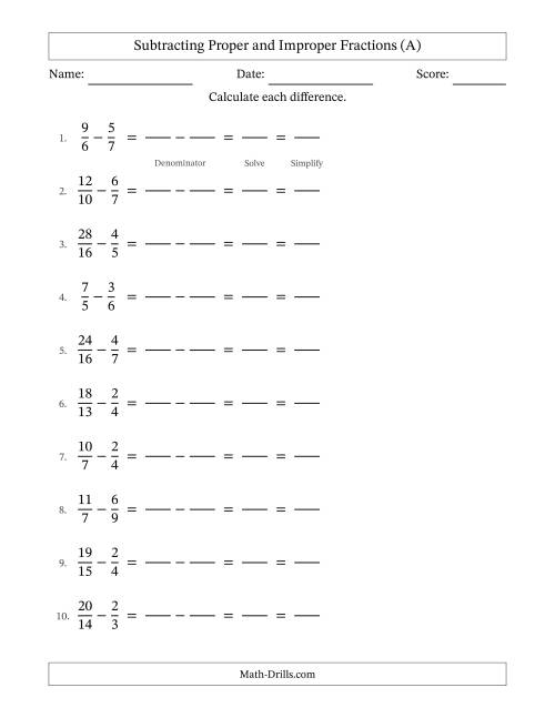 The Subtracting Proper and Improper Fractions with Unlike Denominators, Proper Fractions Results and All Simplifying (Fillable) (A) Math Worksheet