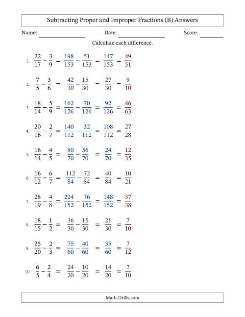 The Subtracting Proper and Improper Fractions with Unlike Denominators, Proper Fractions Results and All Simplifying (Fillable) (B) Math Worksheet Page 2