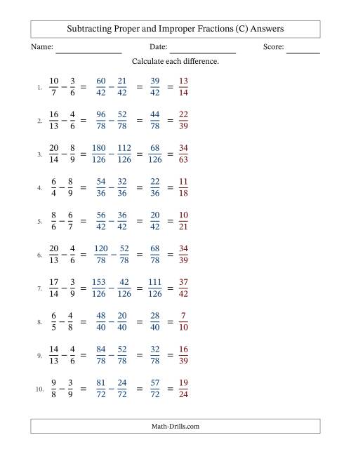 The Subtracting Proper and Improper Fractions with Unlike Denominators, Proper Fractions Results and All Simplifying (Fillable) (C) Math Worksheet Page 2