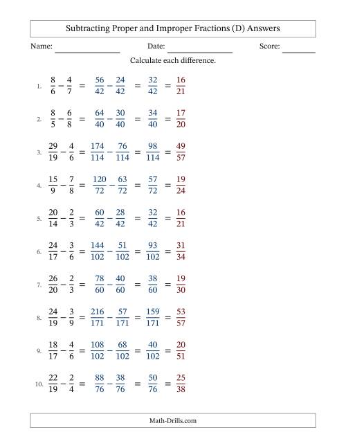The Subtracting Proper and Improper Fractions with Unlike Denominators, Proper Fractions Results and All Simplifying (Fillable) (D) Math Worksheet Page 2