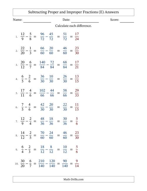 The Subtracting Proper and Improper Fractions with Unlike Denominators, Proper Fractions Results and All Simplifying (Fillable) (E) Math Worksheet Page 2
