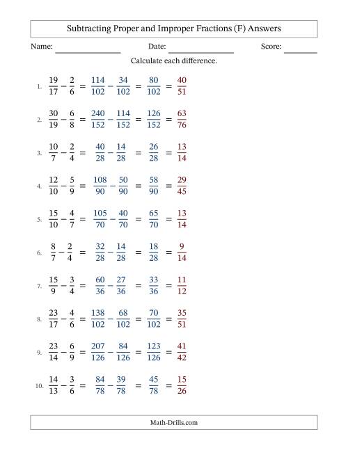 The Subtracting Proper and Improper Fractions with Unlike Denominators, Proper Fractions Results and All Simplifying (Fillable) (F) Math Worksheet Page 2