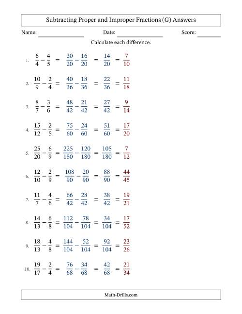 The Subtracting Proper and Improper Fractions with Unlike Denominators, Proper Fractions Results and All Simplifying (Fillable) (G) Math Worksheet Page 2