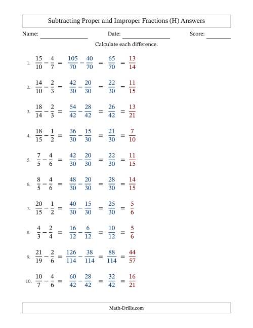 The Subtracting Proper and Improper Fractions with Unlike Denominators, Proper Fractions Results and All Simplifying (Fillable) (H) Math Worksheet Page 2