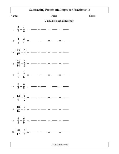The Subtracting Proper and Improper Fractions with Unlike Denominators, Proper Fractions Results and All Simplifying (Fillable) (I) Math Worksheet