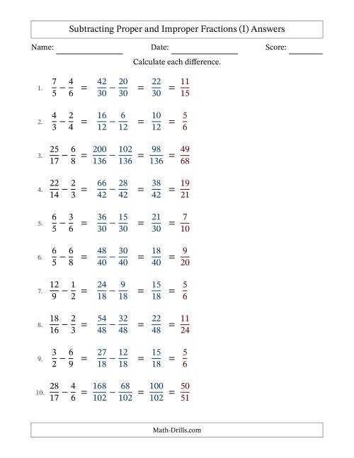 The Subtracting Proper and Improper Fractions with Unlike Denominators, Proper Fractions Results and All Simplifying (Fillable) (I) Math Worksheet Page 2