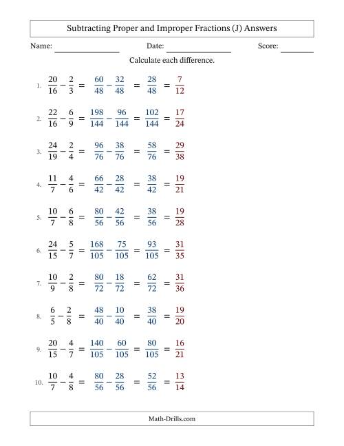 The Subtracting Proper and Improper Fractions with Unlike Denominators, Proper Fractions Results and All Simplifying (Fillable) (J) Math Worksheet Page 2