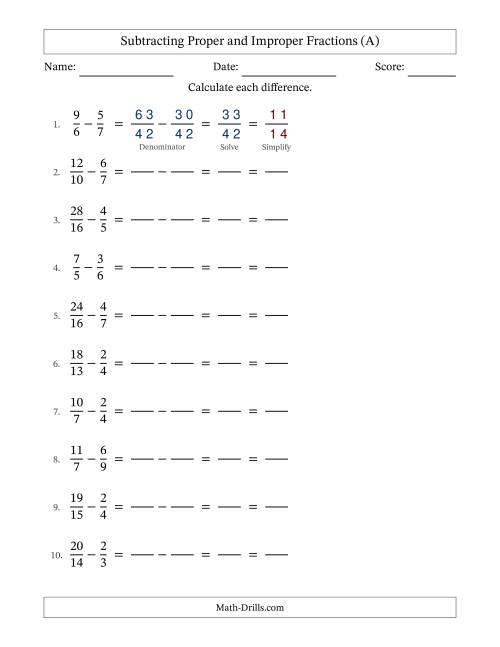 The Subtracting Proper and Improper Fractions with Unlike Denominators, Proper Fractions Results and All Simplifying (Fillable) (All) Math Worksheet