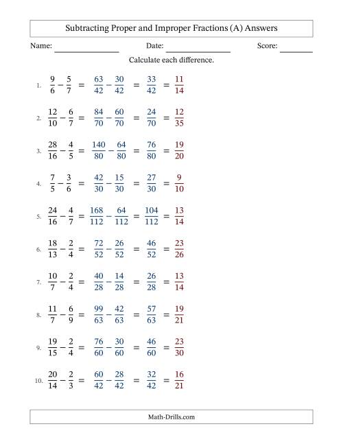 The Subtracting Proper and Improper Fractions with Unlike Denominators, Proper Fractions Results and All Simplifying (Fillable) (All) Math Worksheet Page 2