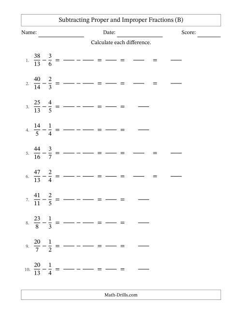 The Subtracting Proper and Improper Fractions with Unlike Denominators, Mixed Fractions Results and No Simplifying (Fillable) (B) Math Worksheet