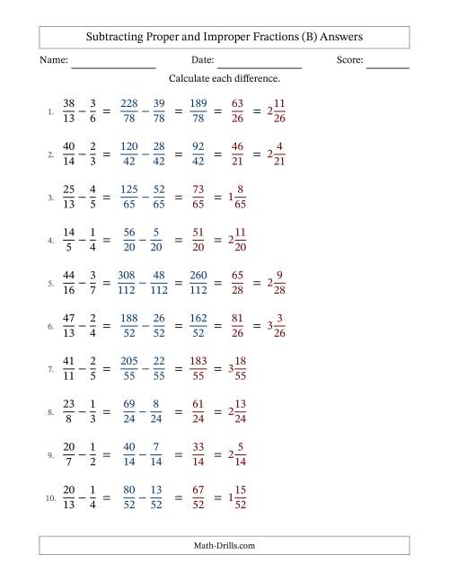 The Subtracting Proper and Improper Fractions with Unlike Denominators, Mixed Fractions Results and No Simplifying (Fillable) (B) Math Worksheet Page 2