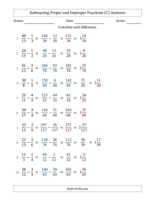 The Subtracting Proper and Improper Fractions with Unlike Denominators, Mixed Fractions Results and No Simplifying (Fillable) (C) Math Worksheet Page 2
