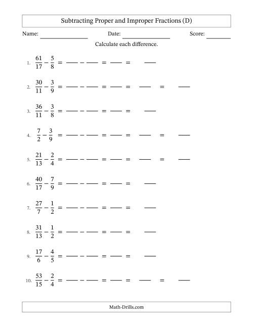 The Subtracting Proper and Improper Fractions with Unlike Denominators, Mixed Fractions Results and No Simplifying (Fillable) (D) Math Worksheet