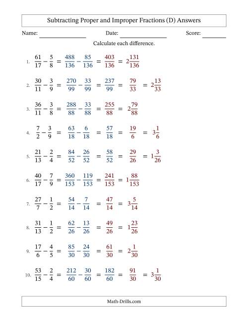 The Subtracting Proper and Improper Fractions with Unlike Denominators, Mixed Fractions Results and No Simplifying (Fillable) (D) Math Worksheet Page 2