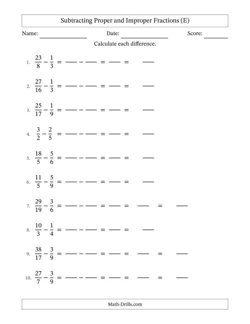 The Subtracting Proper and Improper Fractions with Unlike Denominators, Mixed Fractions Results and No Simplifying (Fillable) (E) Math Worksheet