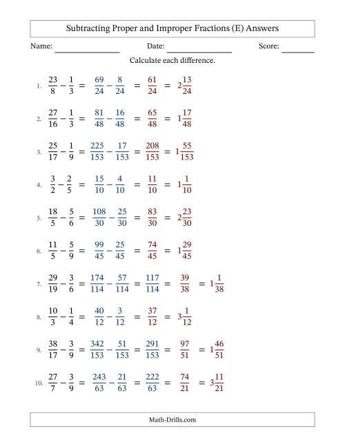 The Subtracting Proper and Improper Fractions with Unlike Denominators, Mixed Fractions Results and No Simplifying (Fillable) (E) Math Worksheet Page 2