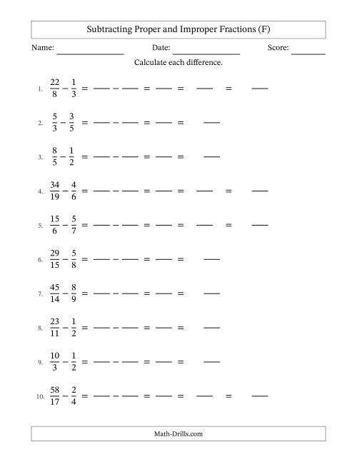 The Subtracting Proper and Improper Fractions with Unlike Denominators, Mixed Fractions Results and No Simplifying (Fillable) (F) Math Worksheet