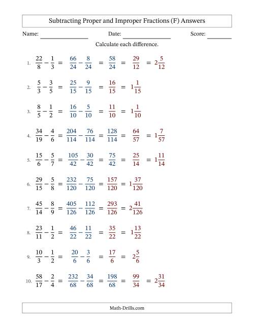 The Subtracting Proper and Improper Fractions with Unlike Denominators, Mixed Fractions Results and No Simplifying (Fillable) (F) Math Worksheet Page 2