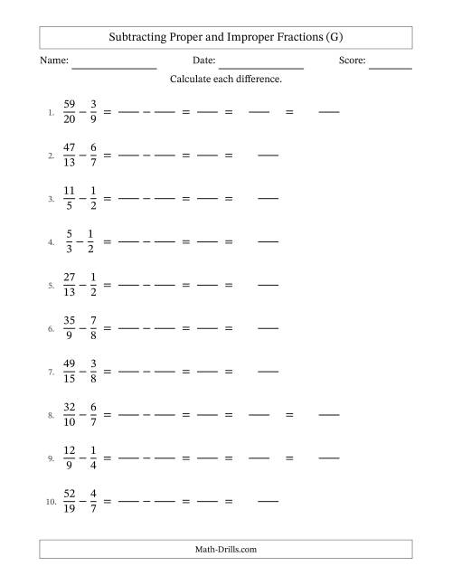 The Subtracting Proper and Improper Fractions with Unlike Denominators, Mixed Fractions Results and No Simplifying (Fillable) (G) Math Worksheet