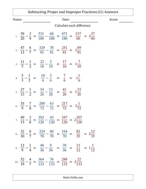 The Subtracting Proper and Improper Fractions with Unlike Denominators, Mixed Fractions Results and No Simplifying (Fillable) (G) Math Worksheet Page 2
