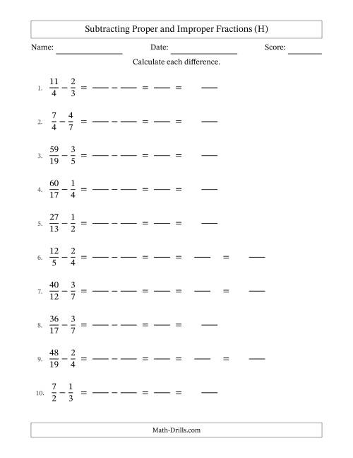 The Subtracting Proper and Improper Fractions with Unlike Denominators, Mixed Fractions Results and No Simplifying (Fillable) (H) Math Worksheet