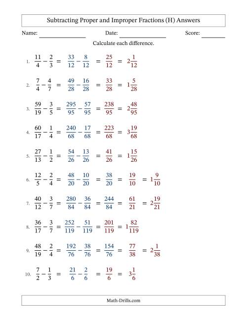 The Subtracting Proper and Improper Fractions with Unlike Denominators, Mixed Fractions Results and No Simplifying (Fillable) (H) Math Worksheet Page 2