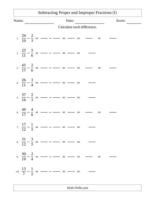 The Subtracting Proper and Improper Fractions with Unlike Denominators, Mixed Fractions Results and No Simplifying (Fillable) (I) Math Worksheet