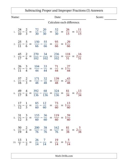 The Subtracting Proper and Improper Fractions with Unlike Denominators, Mixed Fractions Results and No Simplifying (Fillable) (I) Math Worksheet Page 2