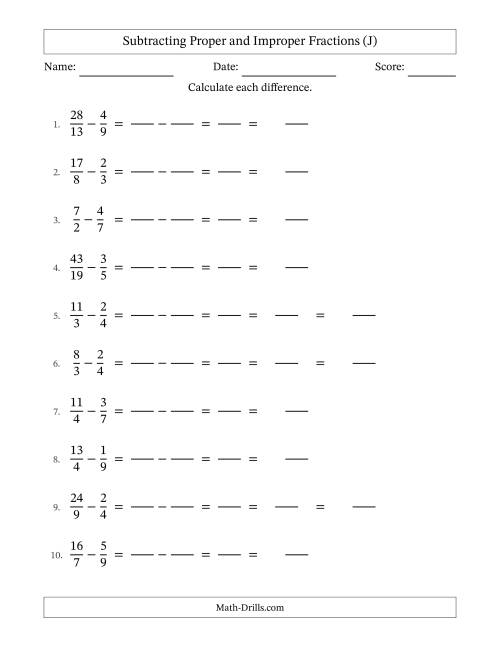 The Subtracting Proper and Improper Fractions with Unlike Denominators, Mixed Fractions Results and No Simplifying (Fillable) (J) Math Worksheet