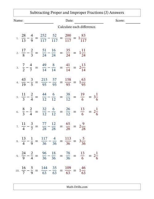 The Subtracting Proper and Improper Fractions with Unlike Denominators, Mixed Fractions Results and No Simplifying (Fillable) (J) Math Worksheet Page 2