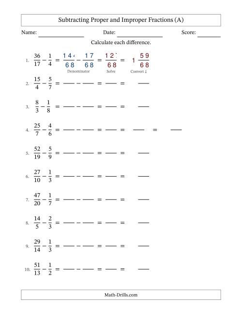 The Subtracting Proper and Improper Fractions with Unlike Denominators, Mixed Fractions Results and No Simplifying (Fillable) (All) Math Worksheet