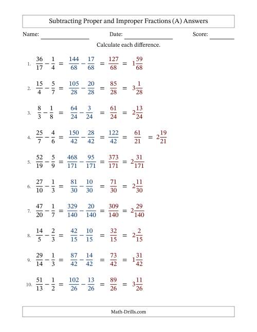 The Subtracting Proper and Improper Fractions with Unlike Denominators, Mixed Fractions Results and No Simplifying (Fillable) (All) Math Worksheet Page 2