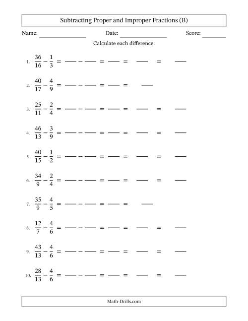 The Subtracting Proper and Improper Fractions with Unlike Denominators, Mixed Fractions Results and All Simplifying (Fillable) (B) Math Worksheet