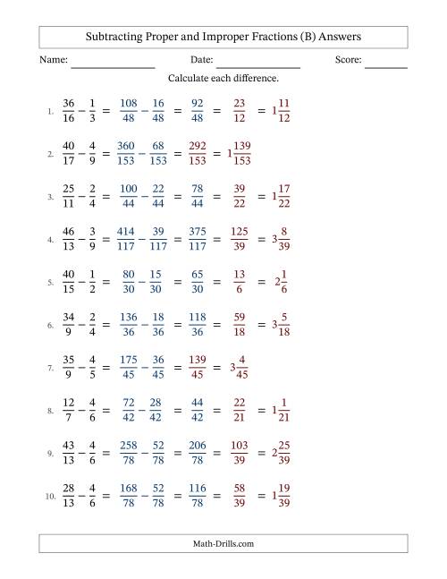 The Subtracting Proper and Improper Fractions with Unlike Denominators, Mixed Fractions Results and All Simplifying (Fillable) (B) Math Worksheet Page 2