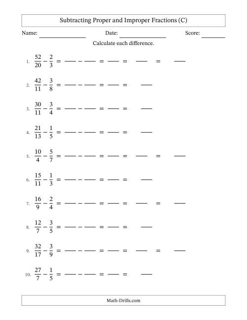 The Subtracting Proper and Improper Fractions with Unlike Denominators, Mixed Fractions Results and All Simplifying (Fillable) (C) Math Worksheet