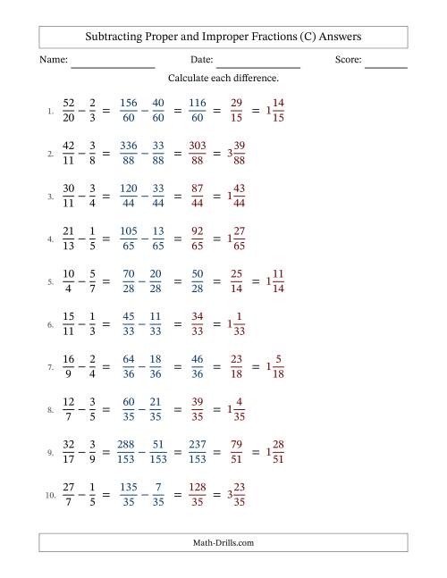 The Subtracting Proper and Improper Fractions with Unlike Denominators, Mixed Fractions Results and All Simplifying (Fillable) (C) Math Worksheet Page 2