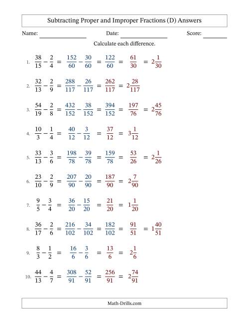 The Subtracting Proper and Improper Fractions with Unlike Denominators, Mixed Fractions Results and All Simplifying (Fillable) (D) Math Worksheet Page 2