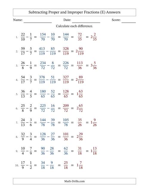 The Subtracting Proper and Improper Fractions with Unlike Denominators, Mixed Fractions Results and All Simplifying (Fillable) (E) Math Worksheet Page 2