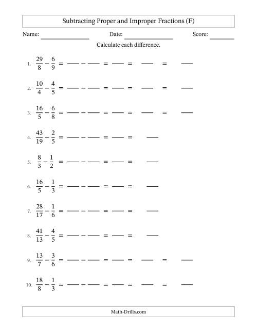 The Subtracting Proper and Improper Fractions with Unlike Denominators, Mixed Fractions Results and All Simplifying (Fillable) (F) Math Worksheet