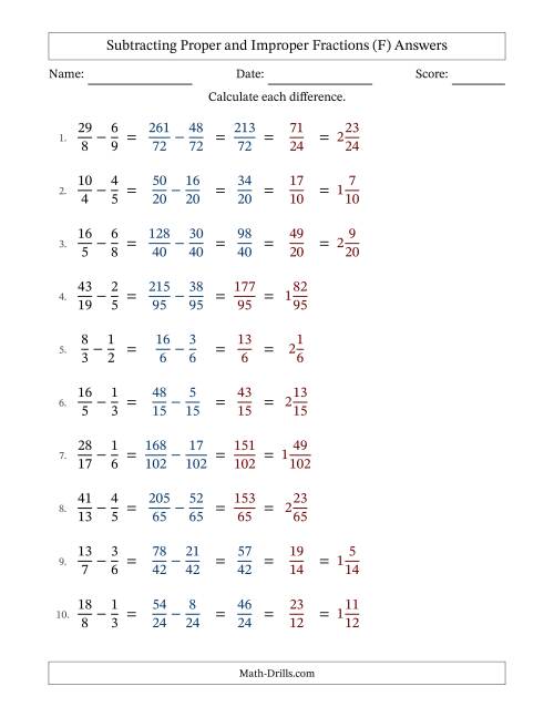 The Subtracting Proper and Improper Fractions with Unlike Denominators, Mixed Fractions Results and All Simplifying (Fillable) (F) Math Worksheet Page 2