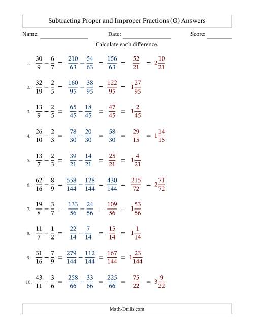 The Subtracting Proper and Improper Fractions with Unlike Denominators, Mixed Fractions Results and All Simplifying (Fillable) (G) Math Worksheet Page 2
